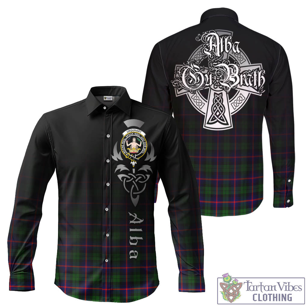 Tartan Vibes Clothing Urquhart Modern Tartan Long Sleeve Button Up Featuring Alba Gu Brath Family Crest Celtic Inspired