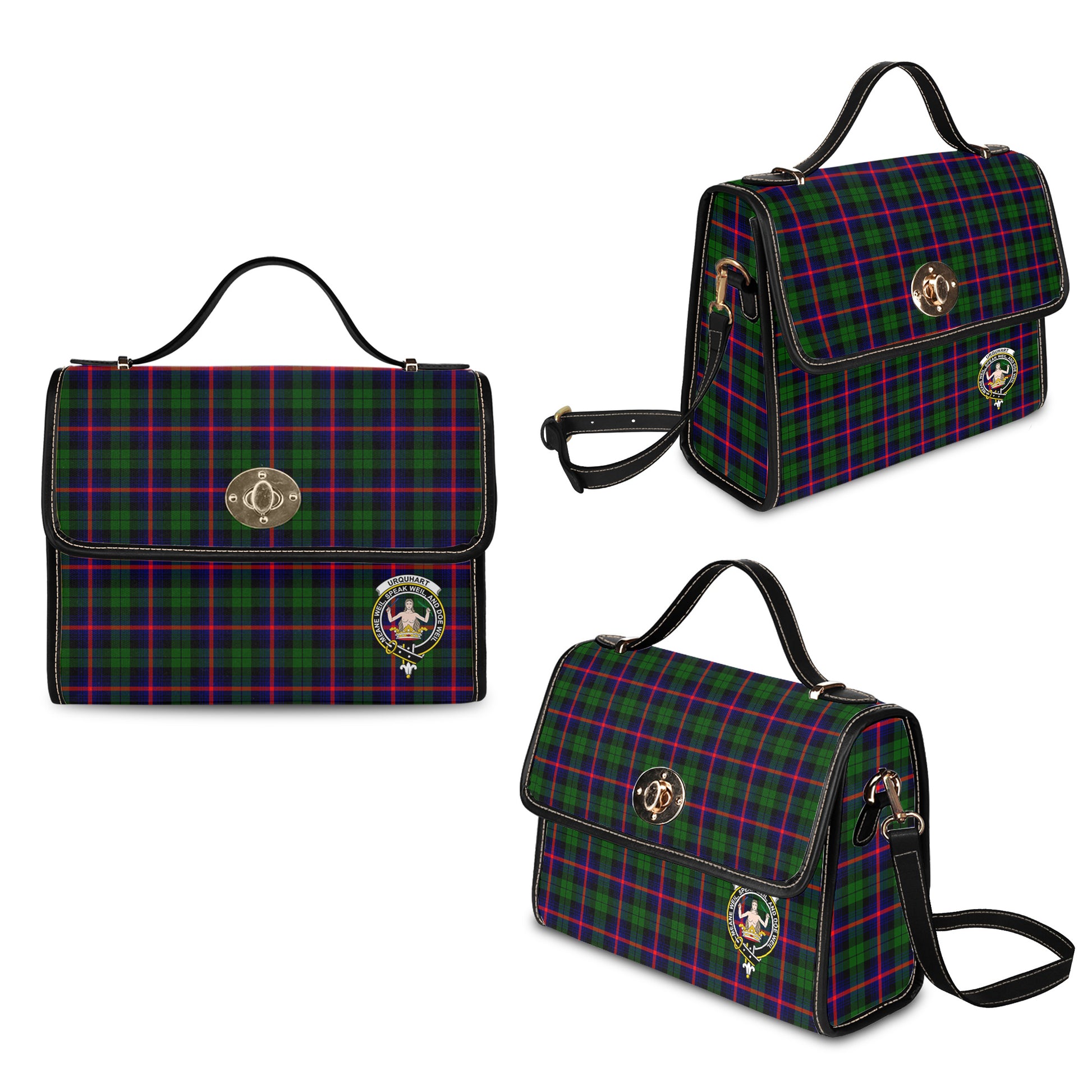 urquhart-modern-tartan-leather-strap-waterproof-canvas-bag-with-family-crest