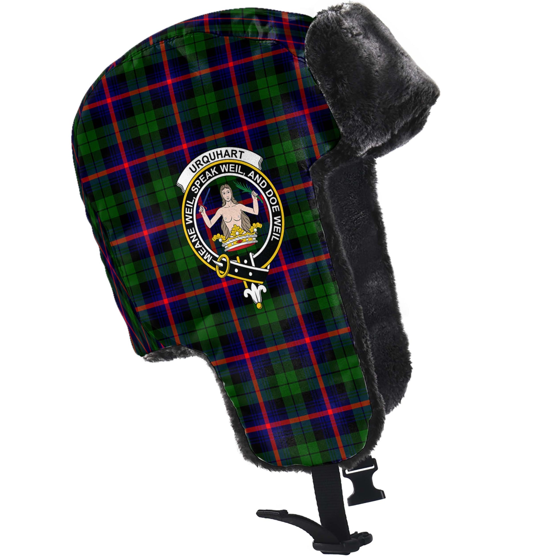 Urquhart Modern Tartan Winter Trapper Hat with Family Crest - Tartanvibesclothing