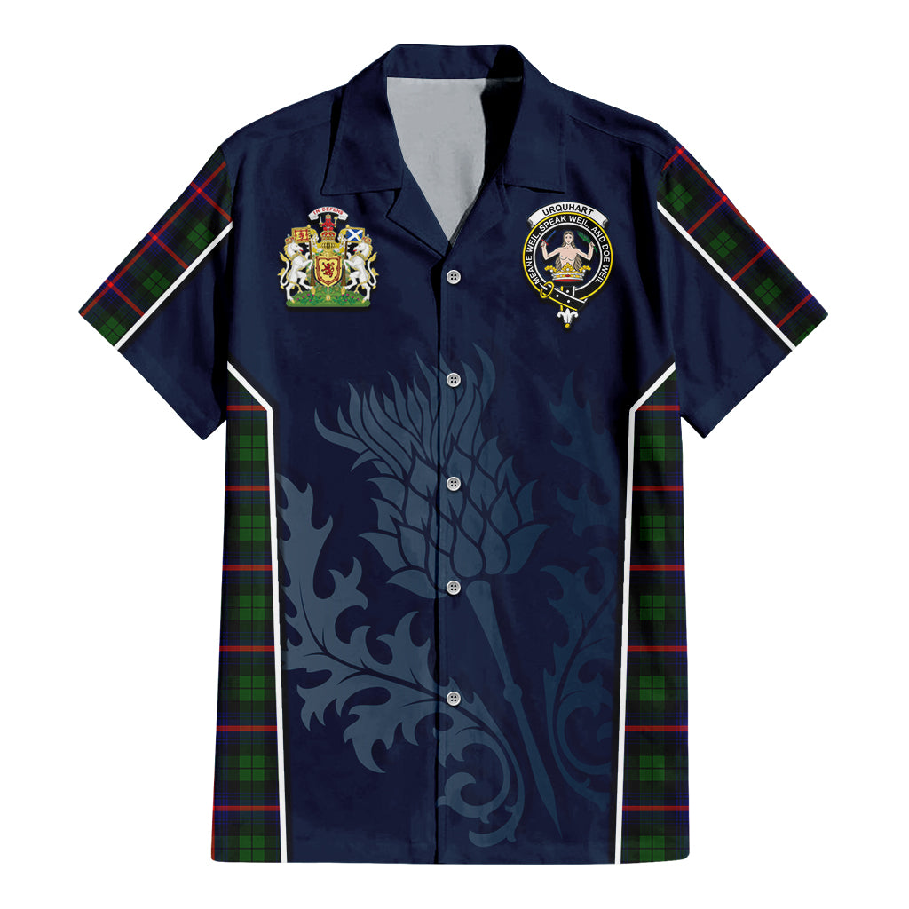 Tartan Vibes Clothing Urquhart Modern Tartan Short Sleeve Button Up Shirt with Family Crest and Scottish Thistle Vibes Sport Style