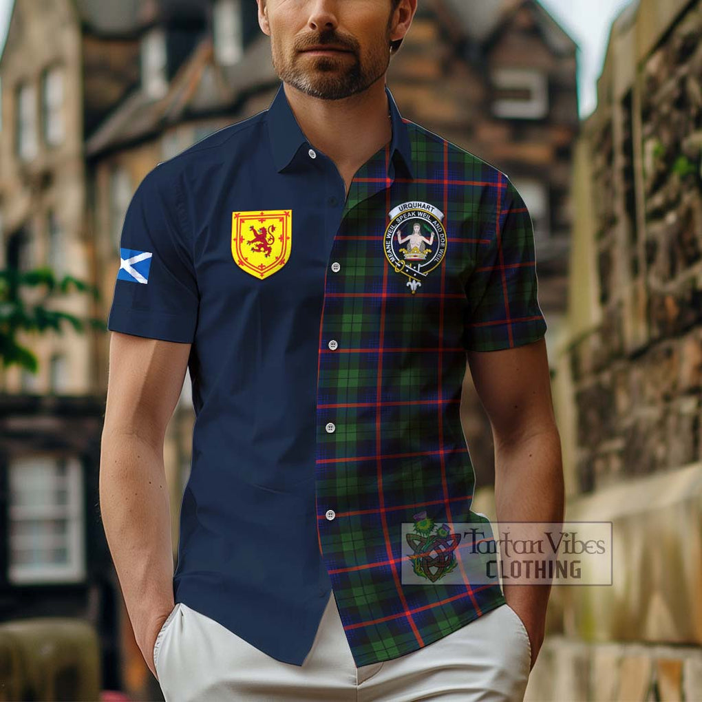 Tartan Vibes Clothing Urquhart Modern Tartan Short Sleeve Button Shirt with Scottish Lion Royal Arm Half Style