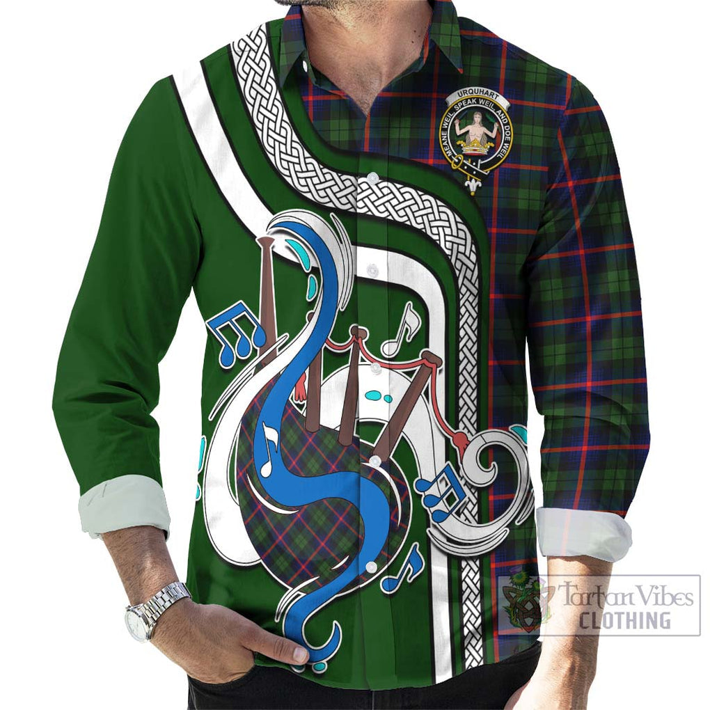 Urquhart Modern Tartan Long Sleeve Button Shirt with Epic Bagpipe Style - Tartanvibesclothing Shop