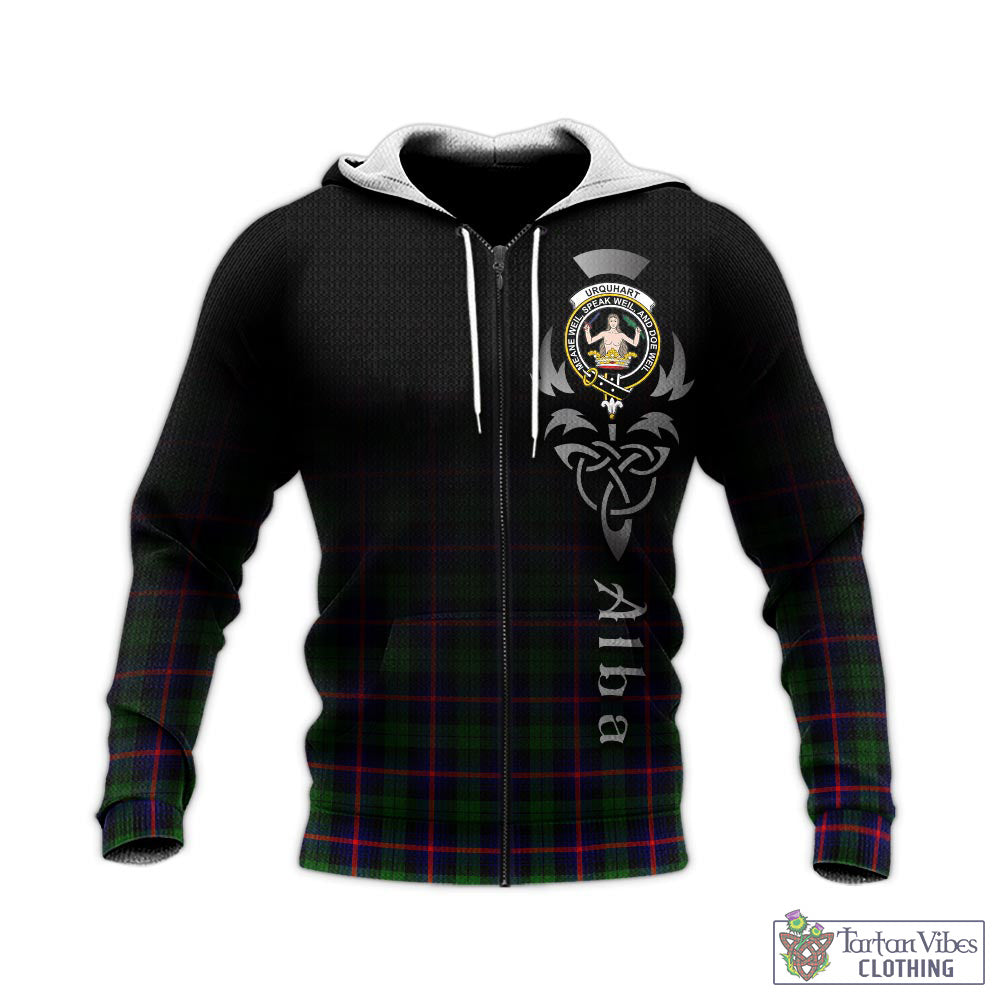 Tartan Vibes Clothing Urquhart Modern Tartan Knitted Hoodie Featuring Alba Gu Brath Family Crest Celtic Inspired