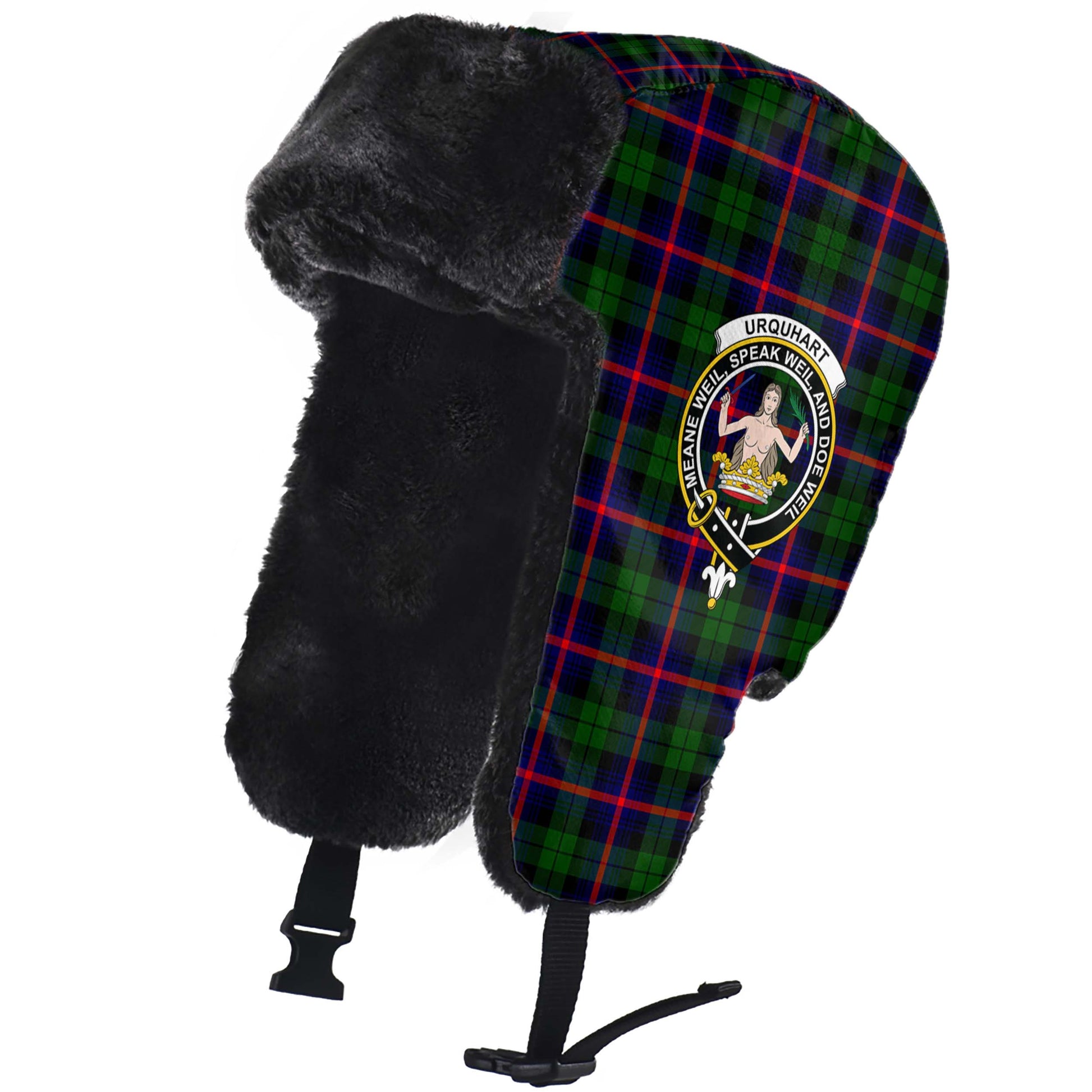 Urquhart Modern Tartan Winter Trapper Hat with Family Crest - Tartanvibesclothing