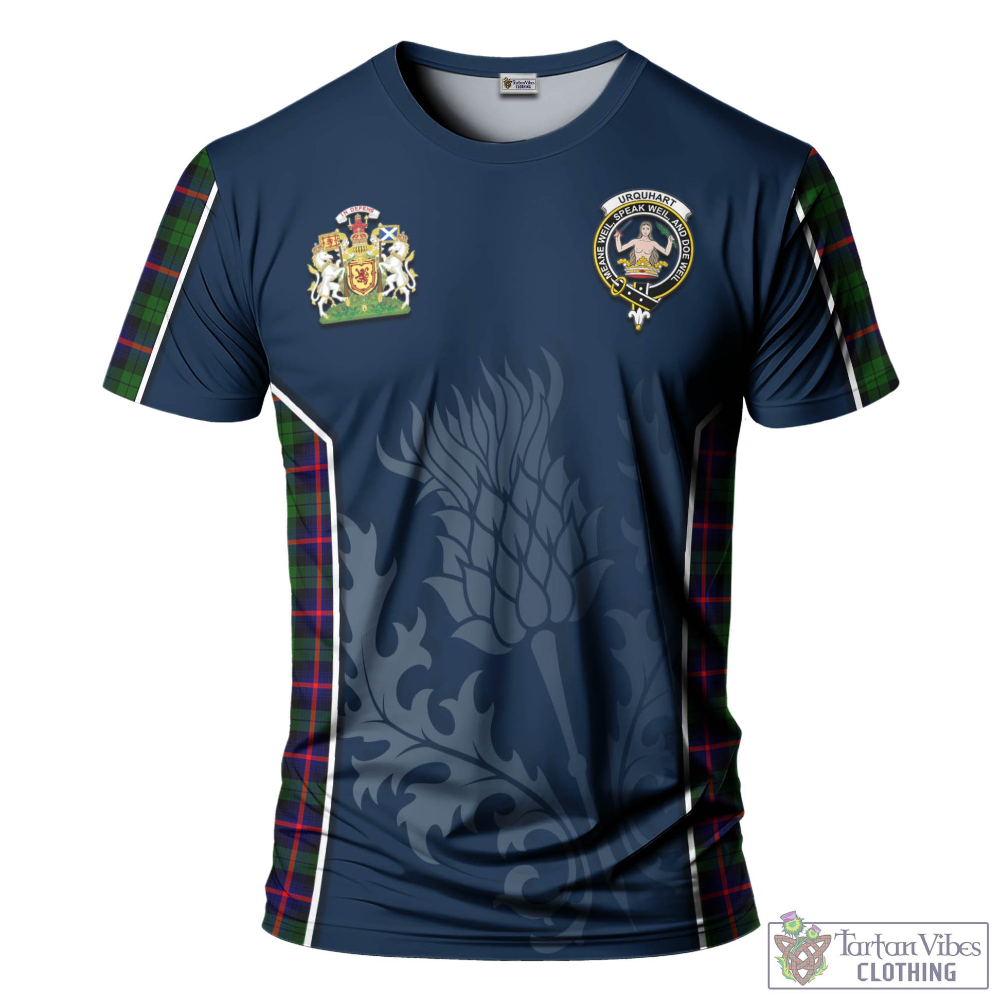 Tartan Vibes Clothing Urquhart Modern Tartan T-Shirt with Family Crest and Scottish Thistle Vibes Sport Style