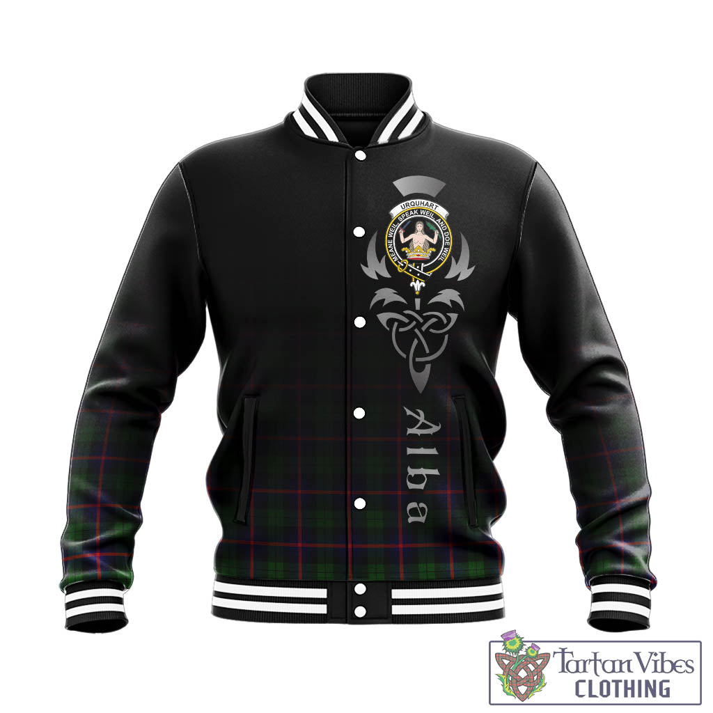 Tartan Vibes Clothing Urquhart Modern Tartan Baseball Jacket Featuring Alba Gu Brath Family Crest Celtic Inspired