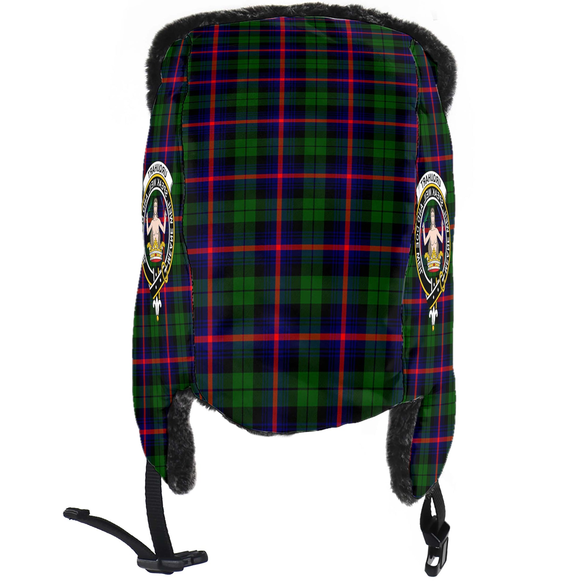 Urquhart Modern Tartan Winter Trapper Hat with Family Crest - Tartanvibesclothing