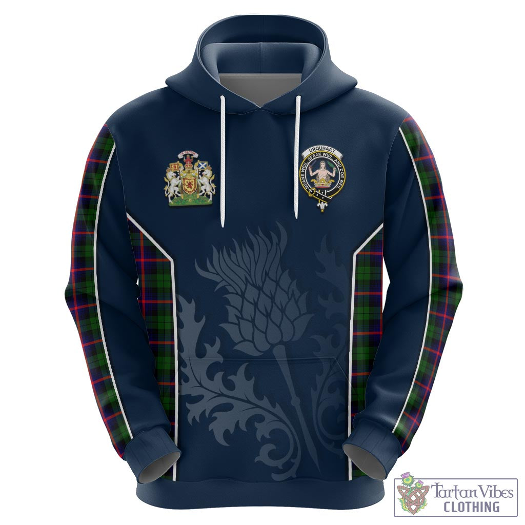 Tartan Vibes Clothing Urquhart Modern Tartan Hoodie with Family Crest and Scottish Thistle Vibes Sport Style