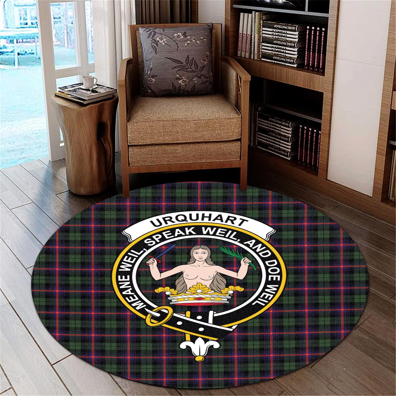 urquhart-modern-tartan-round-rug-with-family-crest