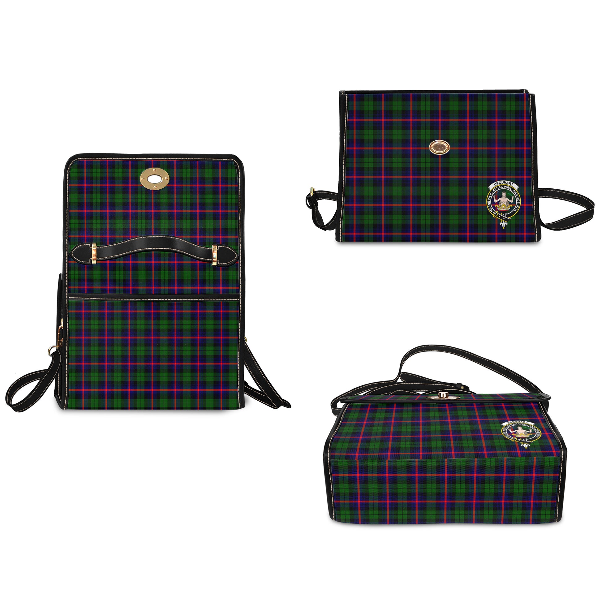 urquhart-modern-tartan-leather-strap-waterproof-canvas-bag-with-family-crest