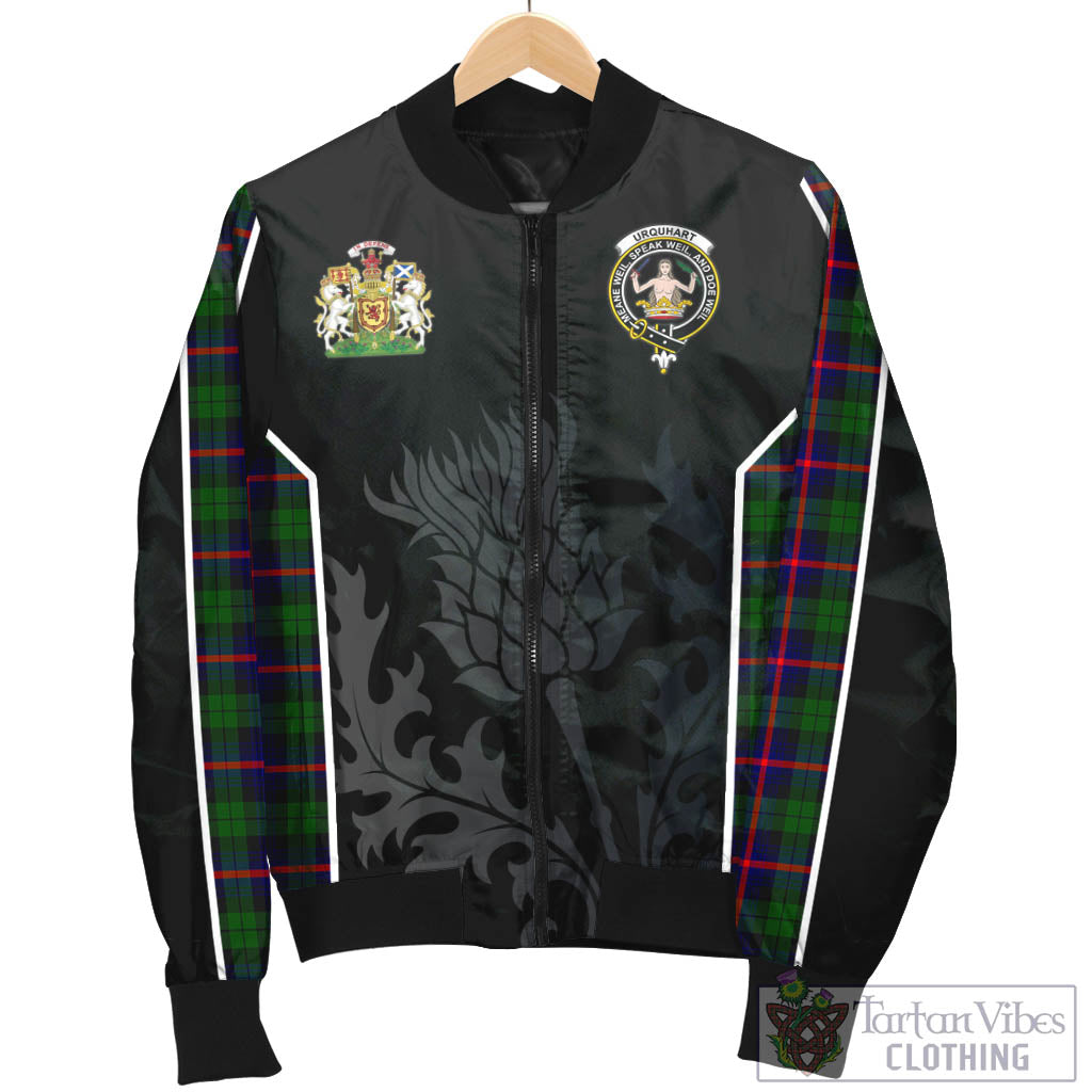 Tartan Vibes Clothing Urquhart Modern Tartan Bomber Jacket with Family Crest and Scottish Thistle Vibes Sport Style