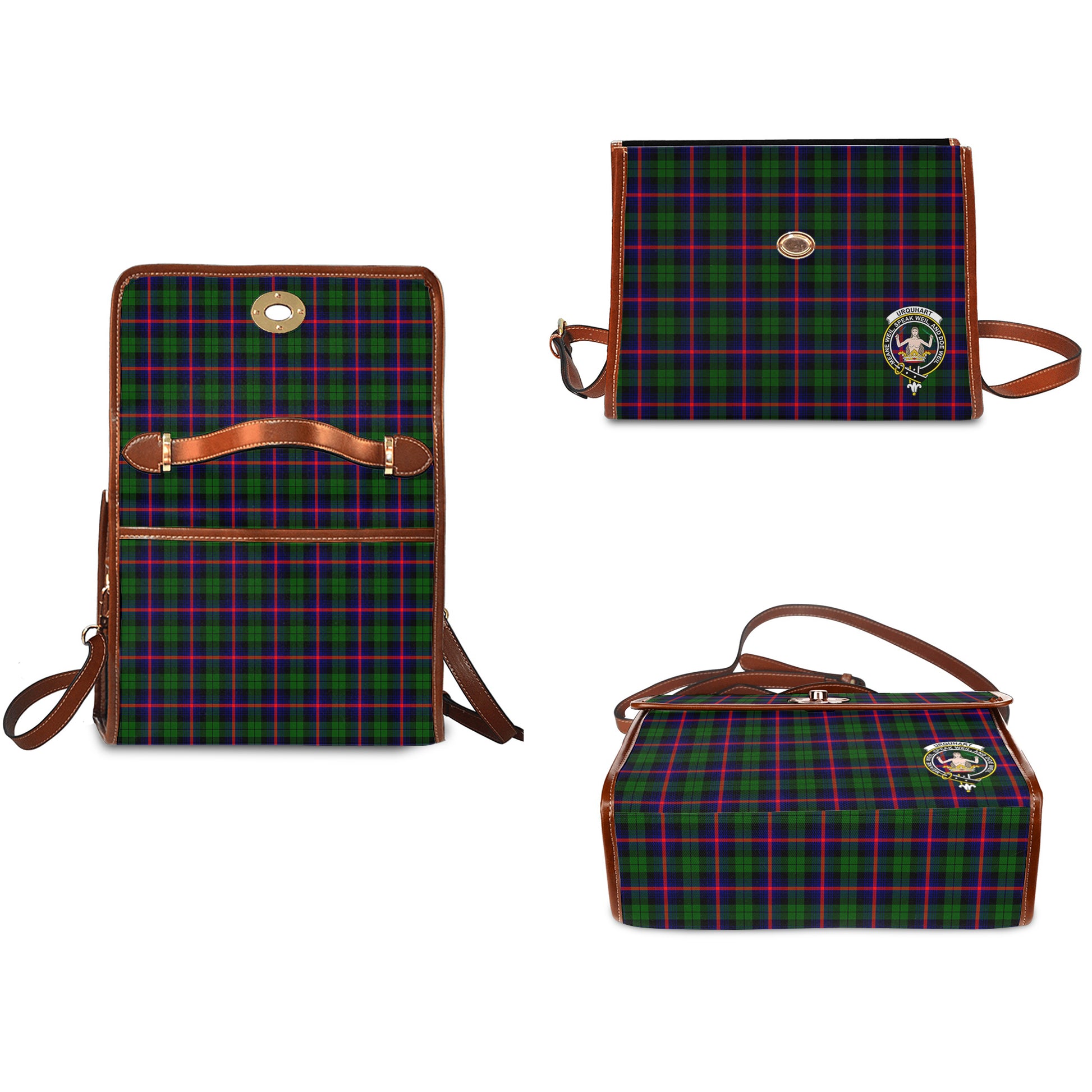 urquhart-modern-tartan-leather-strap-waterproof-canvas-bag-with-family-crest