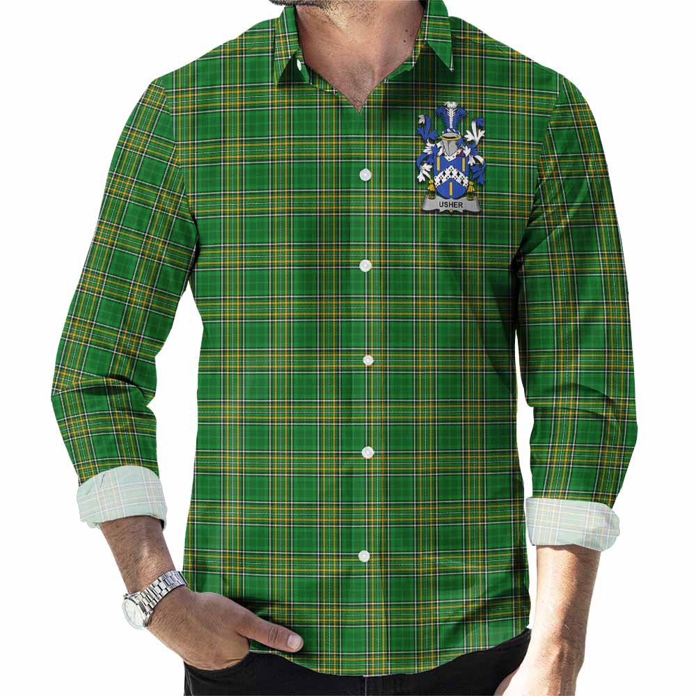 Usher Irish Clan Tartan Long Sleeve Button Up with Coat of Arms Men's Shirt - Tartan Vibes Clothing