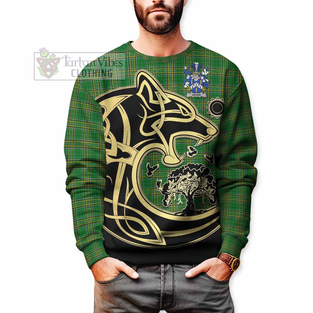 Usher Irish Tartan Sweatshirt with Coat of Arms Celtic Wolf Style - Tartan Vibes Clothing