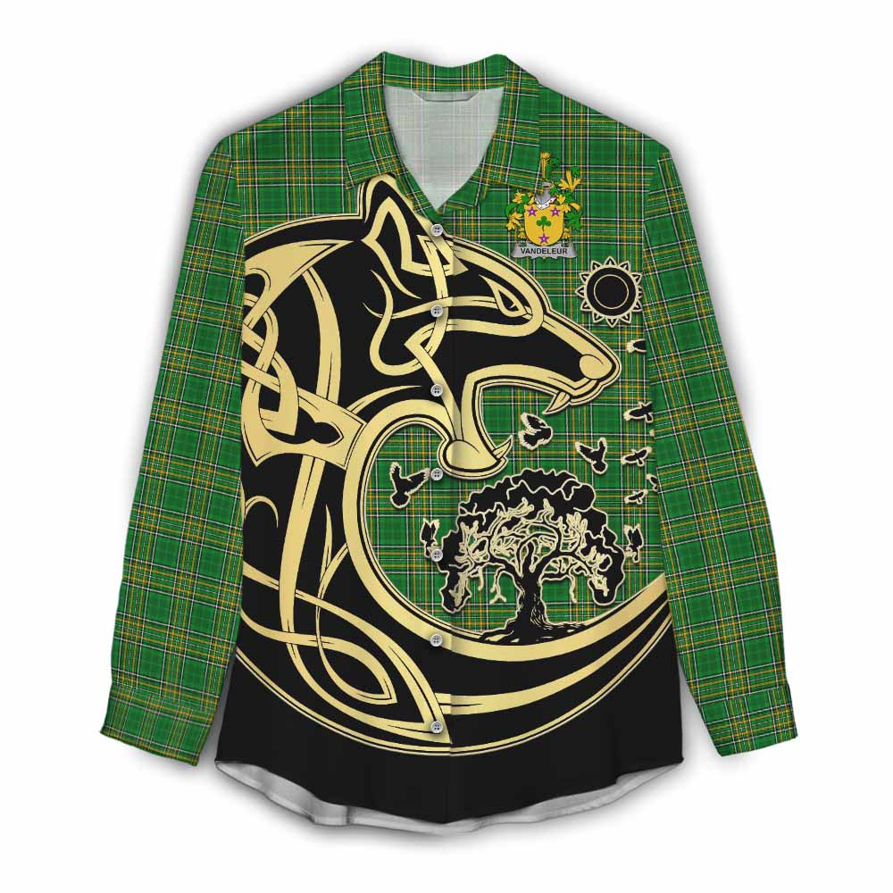 Tartan Vibes Clothing Vandeleur Irish Tartan Women's Casual Shirt with Coat of Arms Celtic Wolf Style