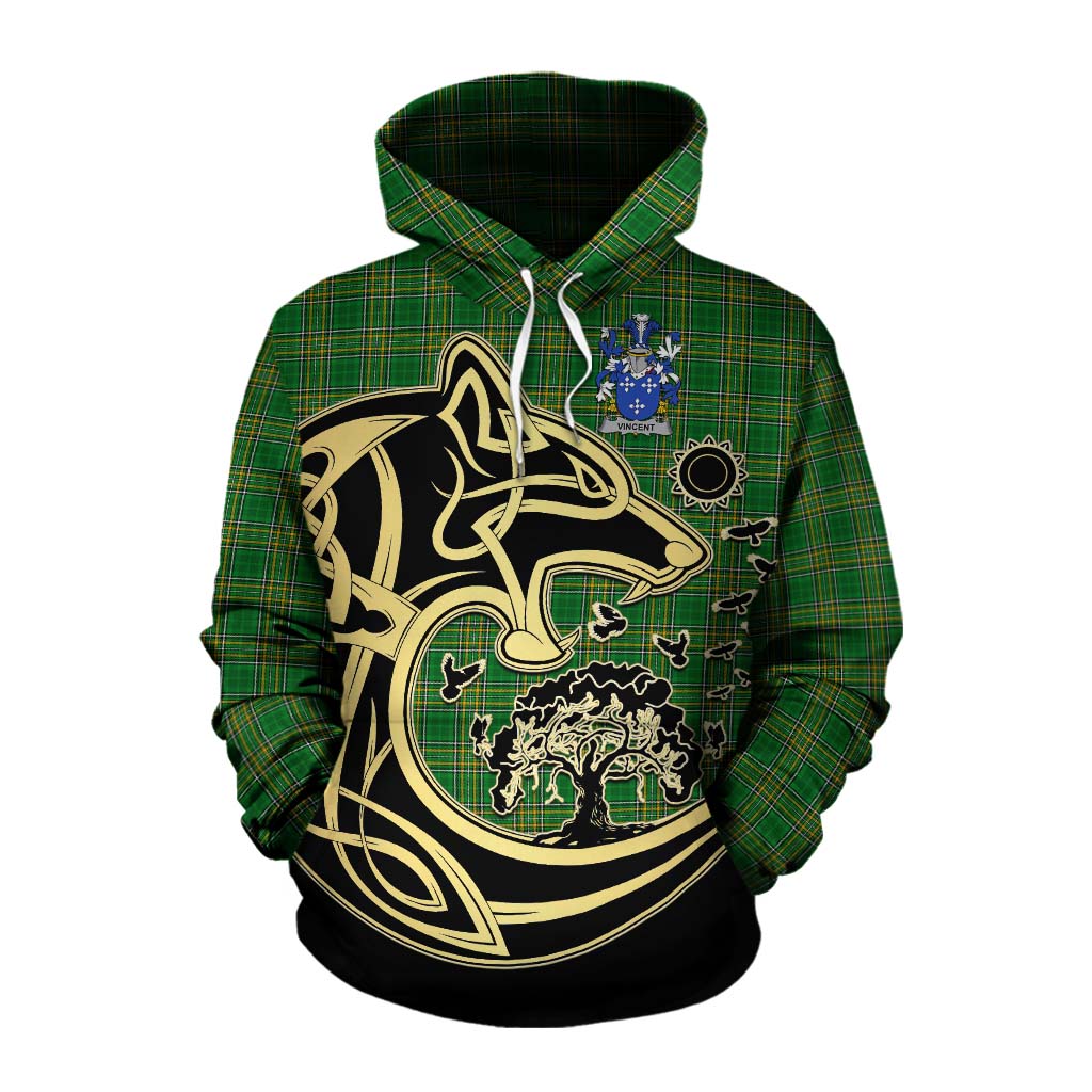 Tartan Vibes Clothing Vincent Irish Tartan Cotton Hoodie with Coat of Arms Celtic Wolf Style