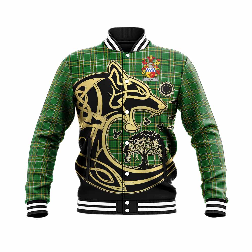 Vizer Irish Tartan Baseball Jacket with Coat of Arms Celtic Wolf Style Unisex - Tartan Vibes Clothing