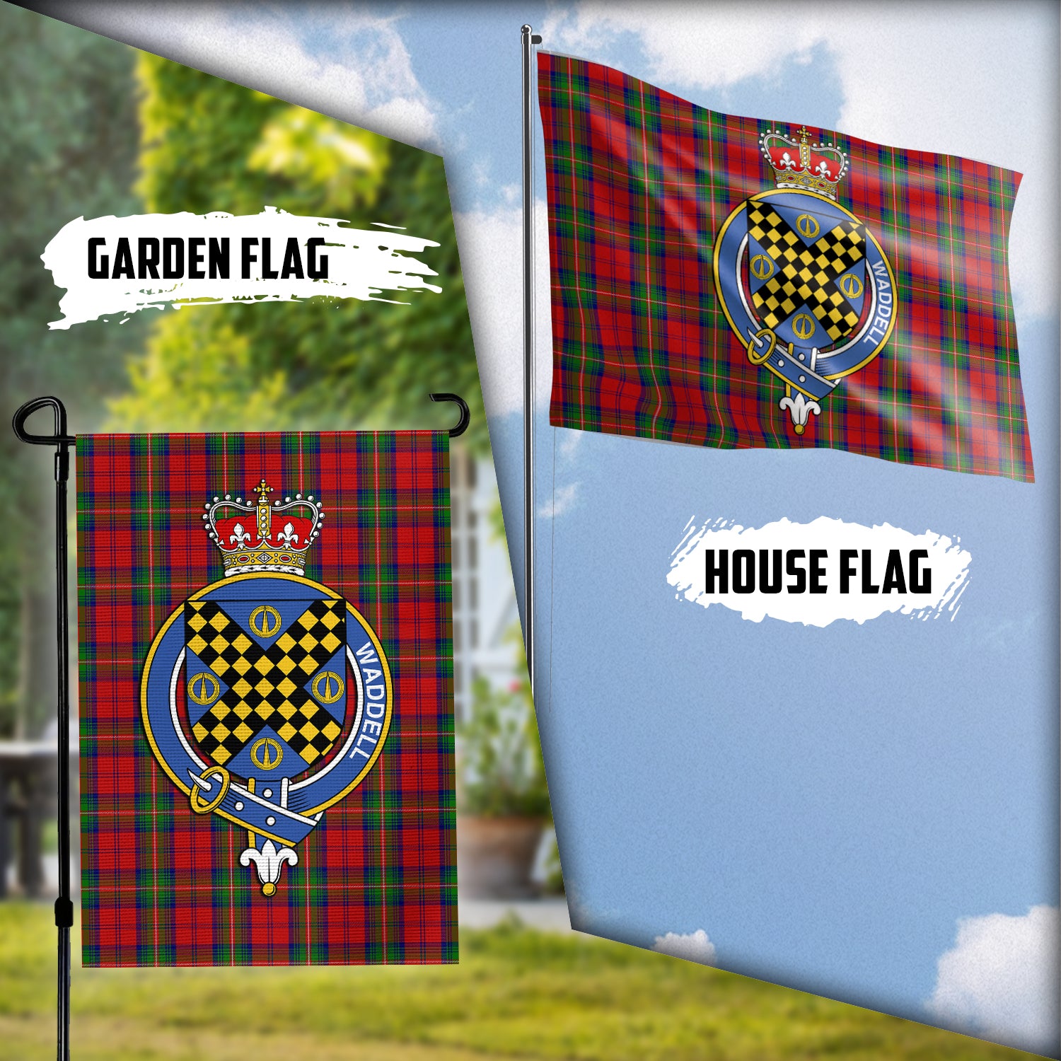 Waddell (Fife)-Greg Tartan Flag with Family Crest Garden Flag (Vertical) - Tartan Vibes Clothing