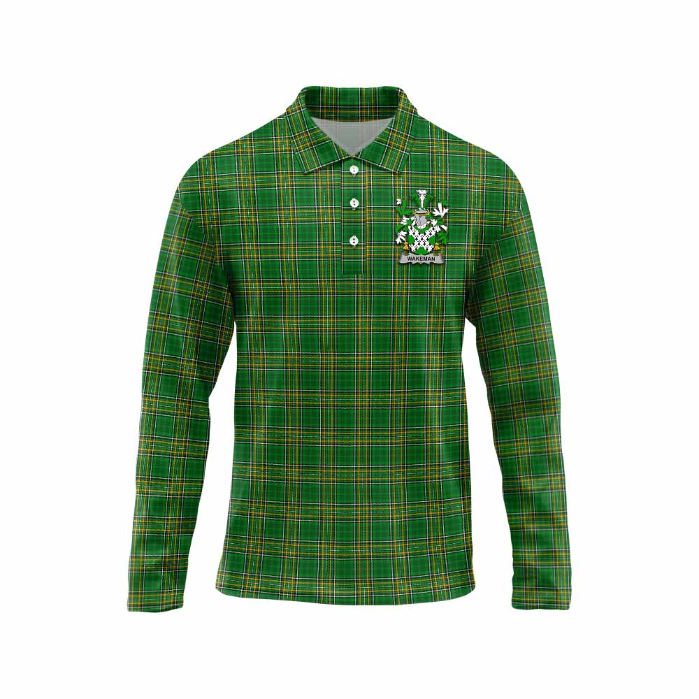 Tartan Vibes Clothing Wakeman Irish Clan Tartan Long Sleeve Polo Shirt with Coat of Arms