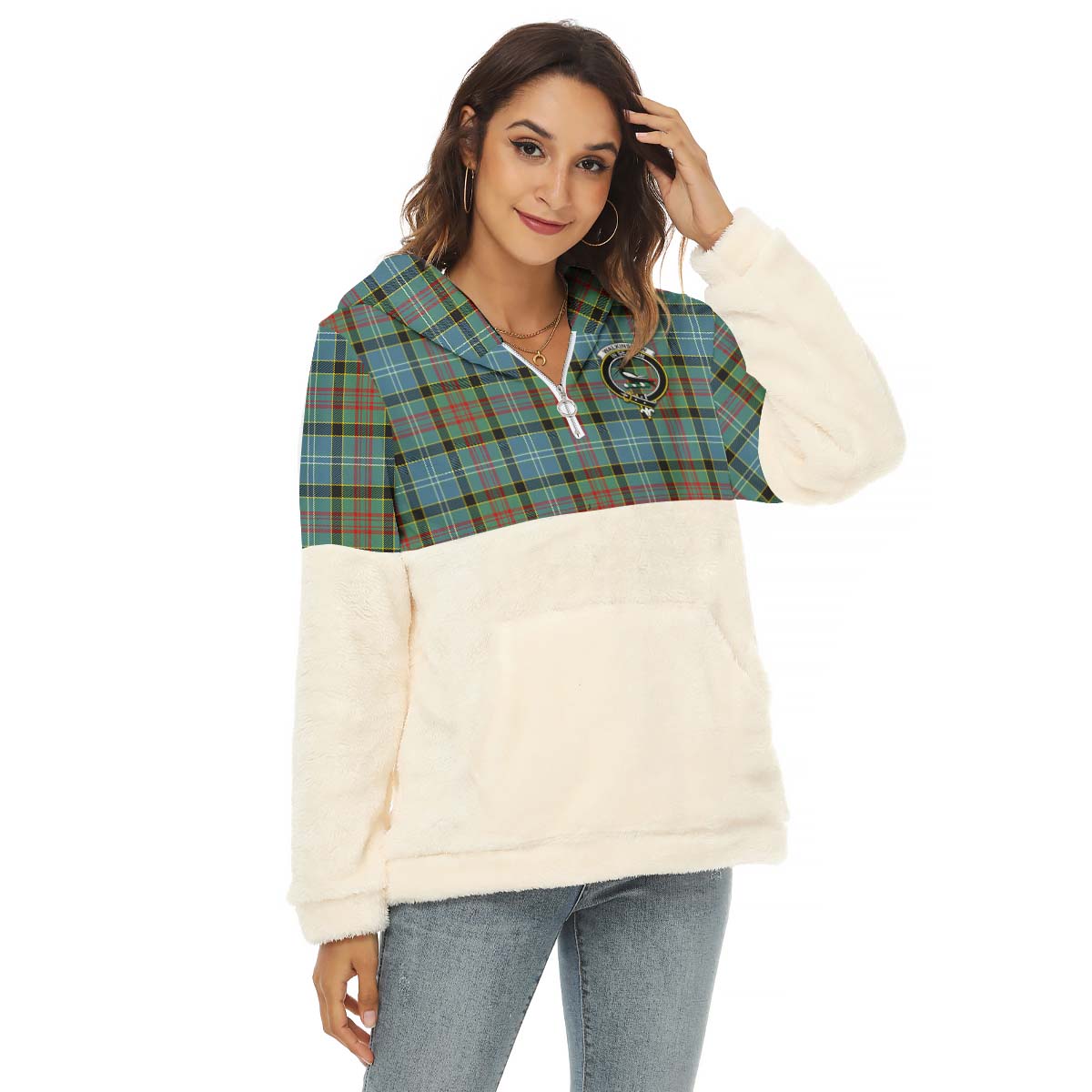 walkinshaw-tartan-womens-borg-fleece-hoodie-with-half-zip-with-family-crest