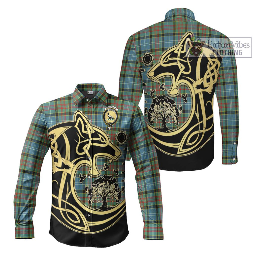 Walkinshaw Tartan Long Sleeve Button Shirt with Family Crest Celtic Wolf Style Men's Shirt S - Tartan Vibes Clothing