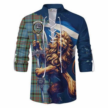 Walkinshaw Tartan Family Crest Ghillie Kilt Shirt with Scottish Majestic Lion