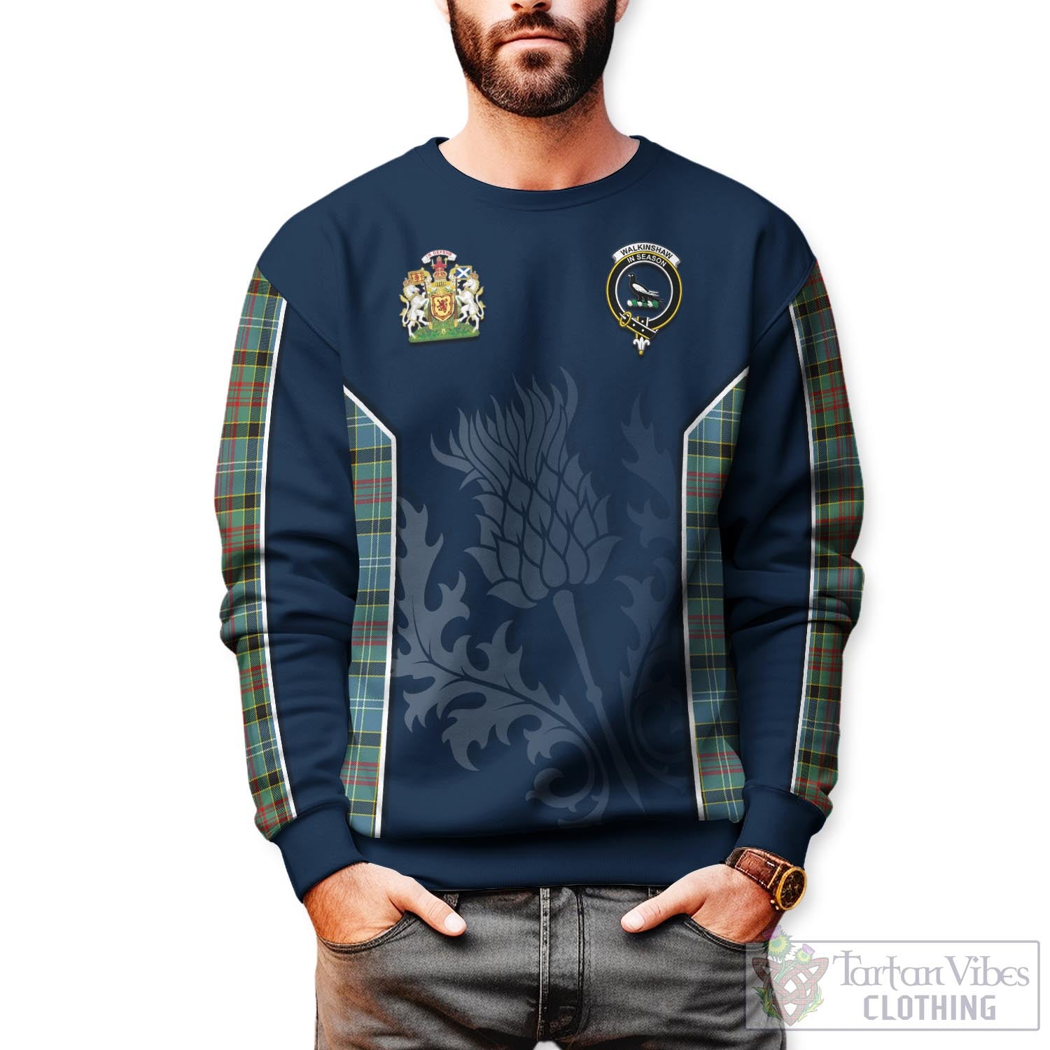 Tartan Vibes Clothing Walkinshaw Tartan Sweatshirt with Family Crest and Scottish Thistle Vibes Sport Style