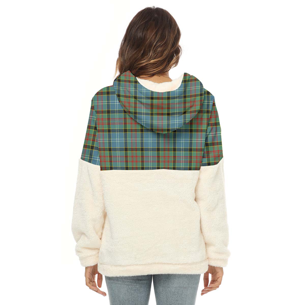 walkinshaw-tartan-womens-borg-fleece-hoodie-with-half-zip-with-family-crest