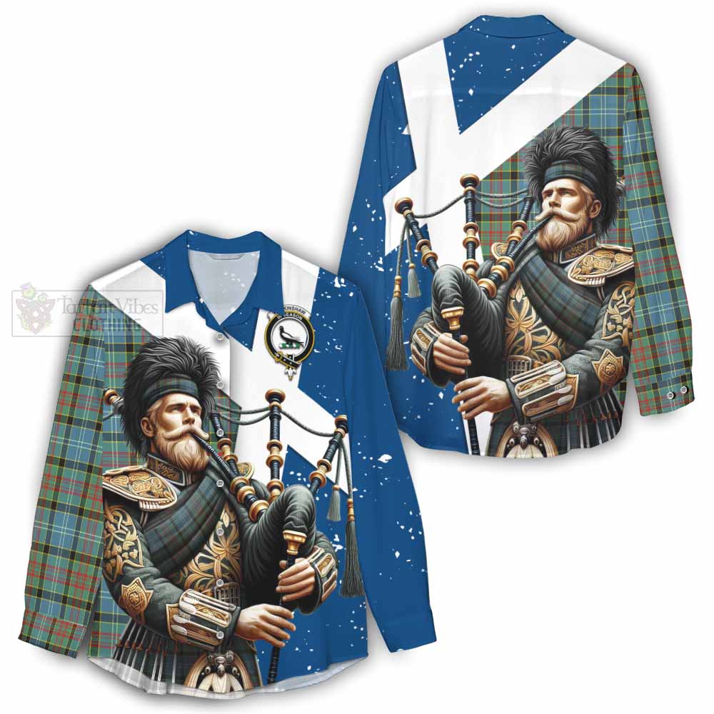 Tartan Vibes Clothing Walkinshaw Tartan Women's Casual Shirt with Family Crest Scottish Bagpiper Vibes