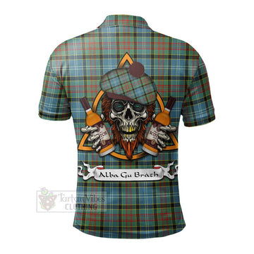 Walkinshaw Tartan Polo Shirt with Family Crest and Bearded Skull Holding Bottles of Whiskey