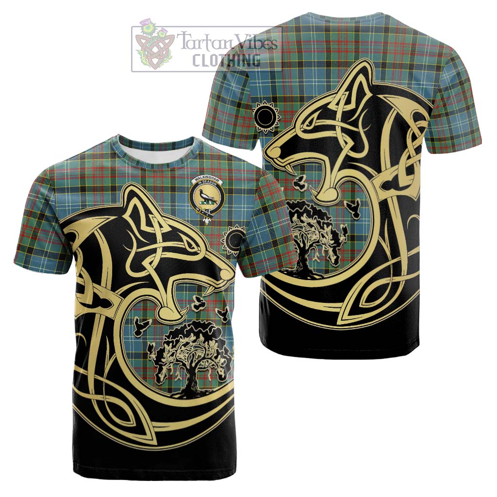 Tartan Vibes Clothing Walkinshaw Tartan Cotton T-shirt with Family Crest Celtic Wolf Style