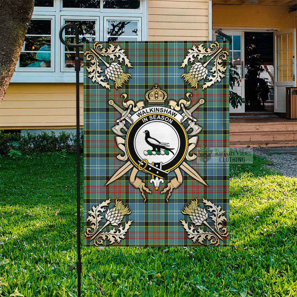 Tartan Vibes Clothing Walkinshaw Tartan Flag with Family Crest and Golden Thistle Crossed Sword Design