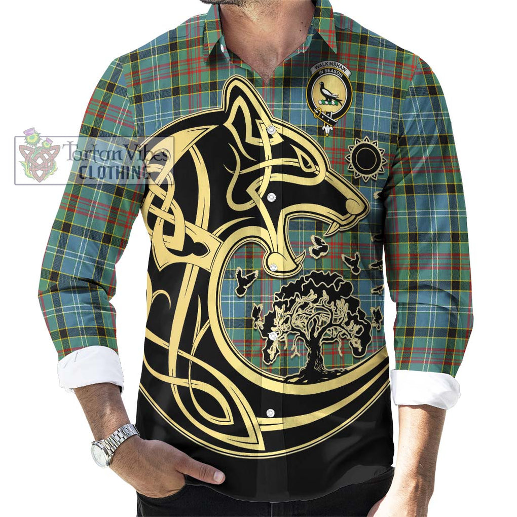 Walkinshaw Tartan Long Sleeve Button Shirt with Family Crest Celtic Wolf Style - Tartan Vibes Clothing