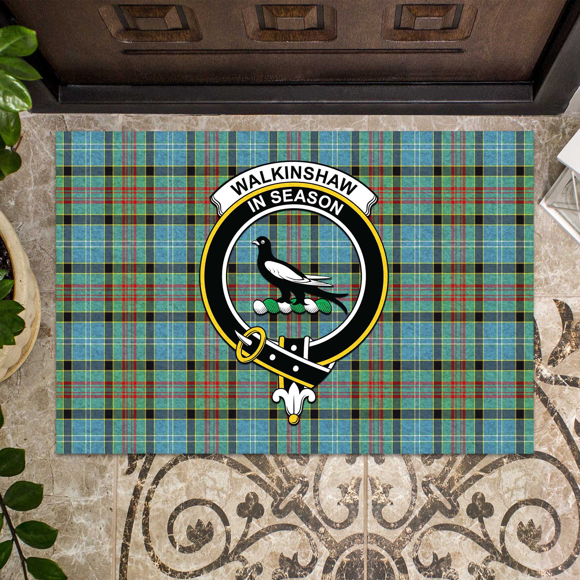 Walkinshaw Tartan Door Mat with Family Crest - Tartanvibesclothing Shop