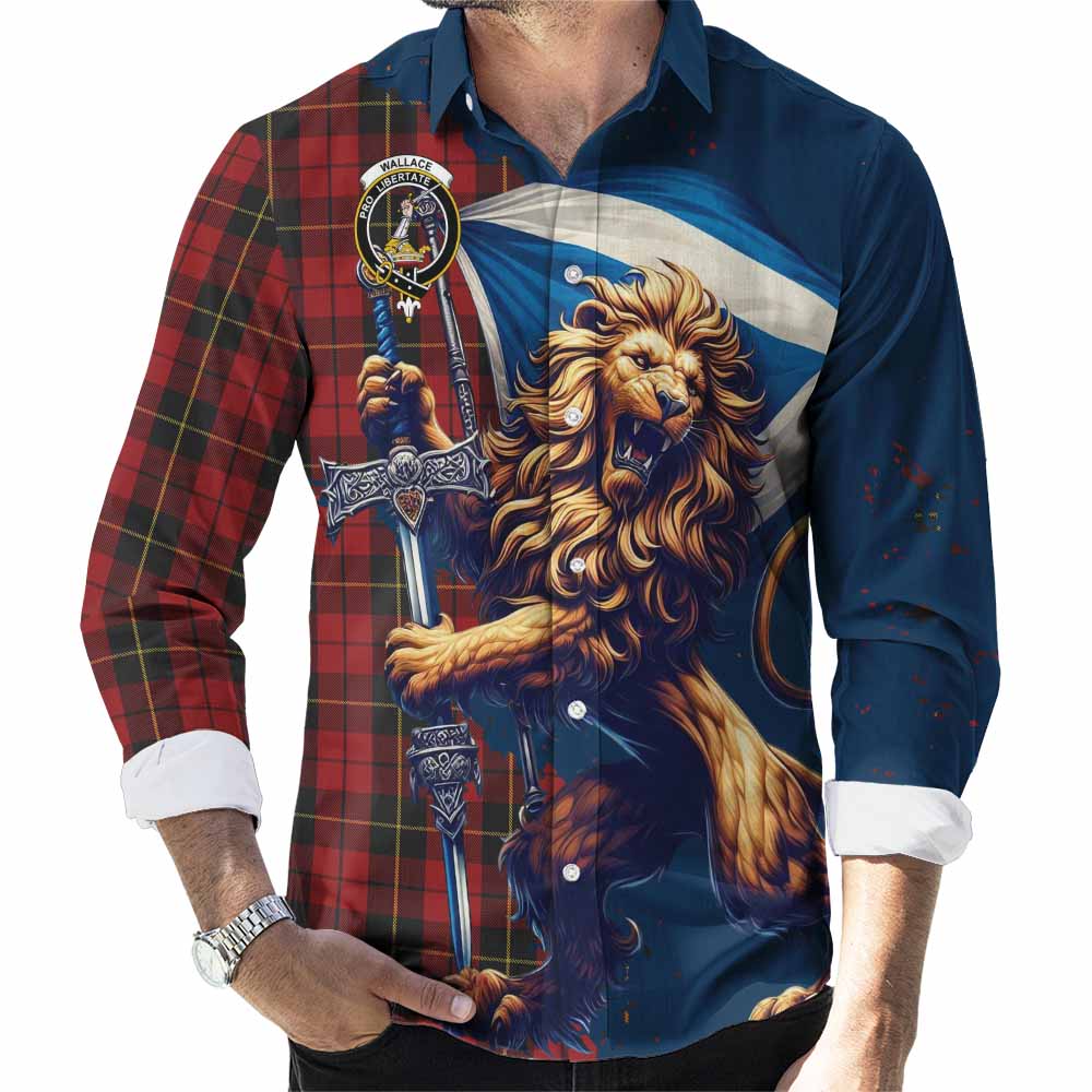 Tartan Vibes Clothing Wallace Tartan Family Crest Long Sleeve Button Shirt with Scottish Majestic Lion