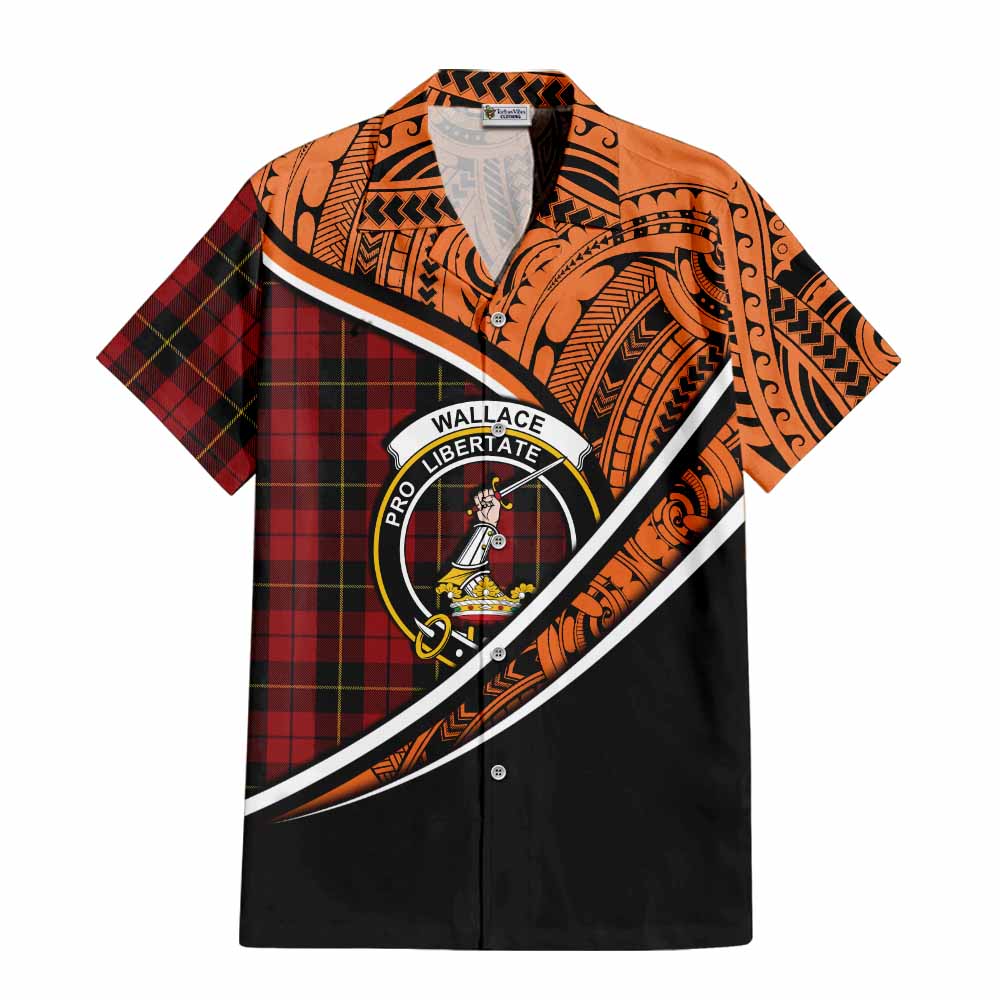 Tartan Vibes Clothing Wallace Crest Tartan Short Sleeve Button Shirt with Maori Tattoo Style - Orange Version