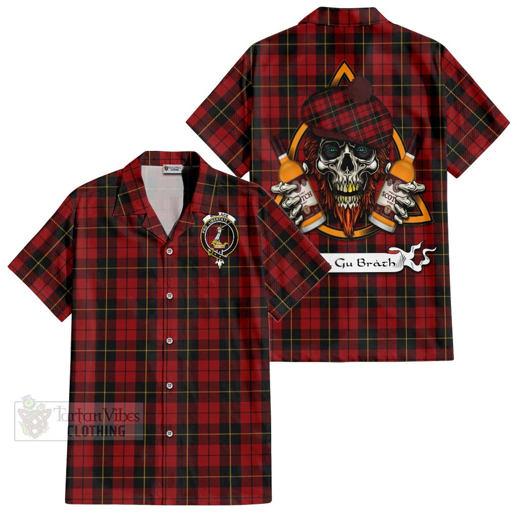 Tartan Vibes Clothing Wallace Tartan Short Sleeve Button Shirt with Family Crest and Bearded Skull Holding Bottles of Whiskey