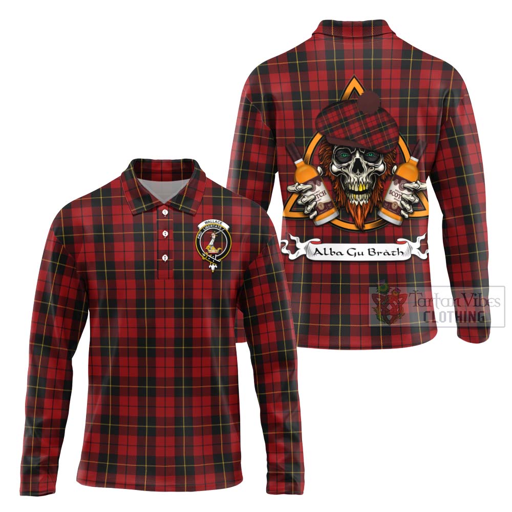 Tartan Vibes Clothing Wallace Tartan Long Sleeve Polo Shirt with Family Crest and Bearded Skull Holding Bottles of Whiskey