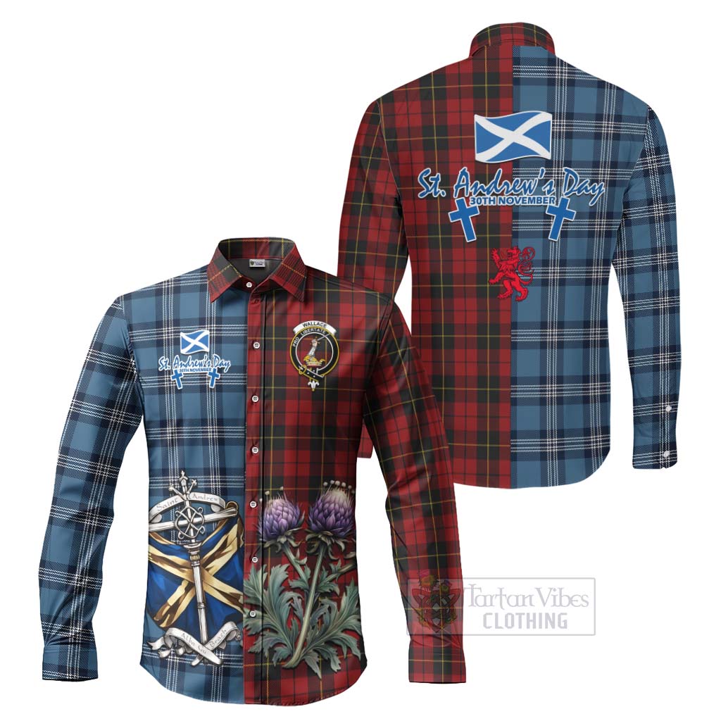 Tartan Vibes Clothing Wallace Tartan Long Sleeve Button Shirt Happy St. Andrew's Day Half Tartan Style