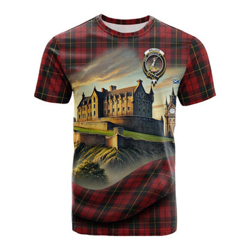 Wallace Tartan Family Crest Cotton T-shirt with Scottish Ancient Castle Style