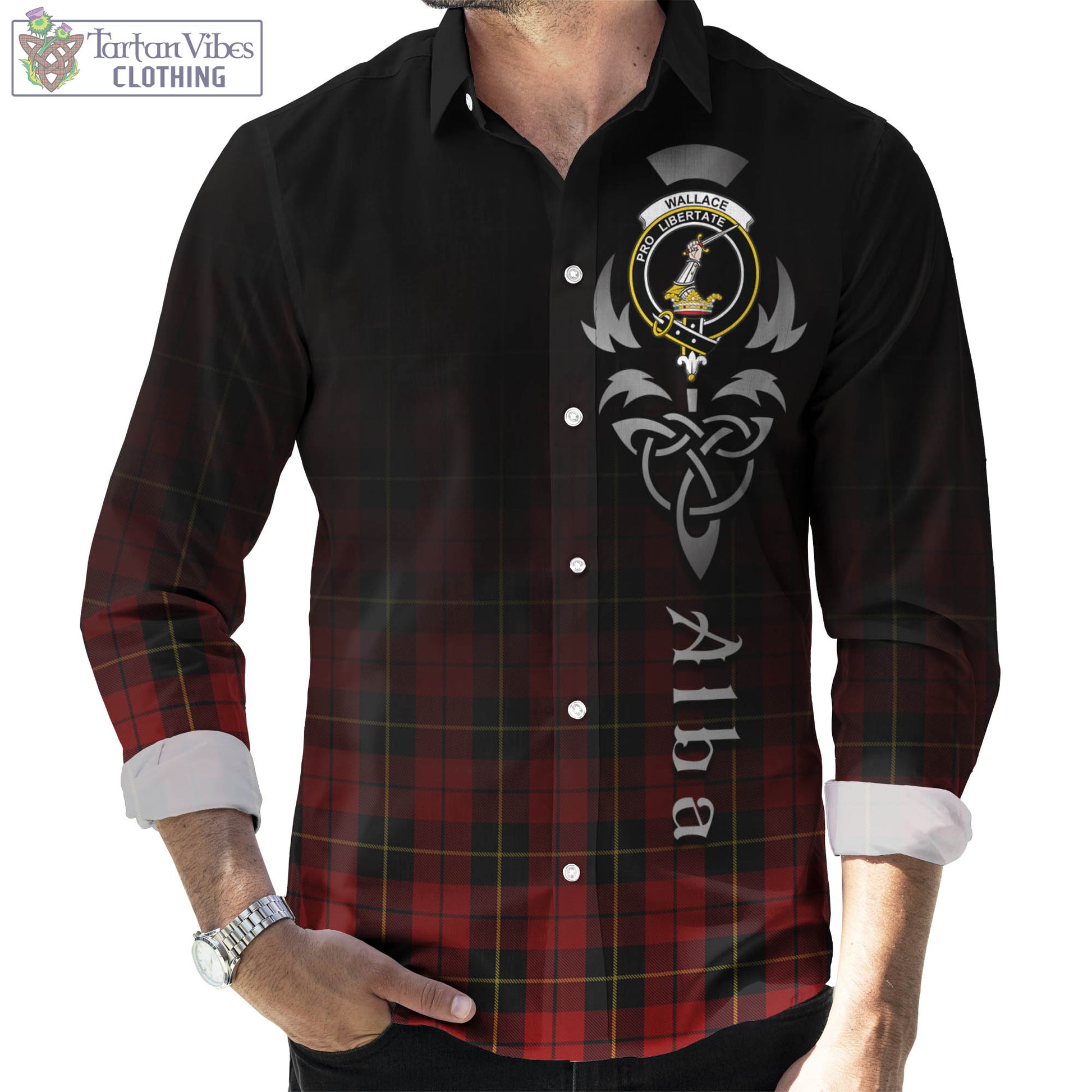 Tartan Vibes Clothing Wallace Tartan Long Sleeve Button Up Featuring Alba Gu Brath Family Crest Celtic Inspired