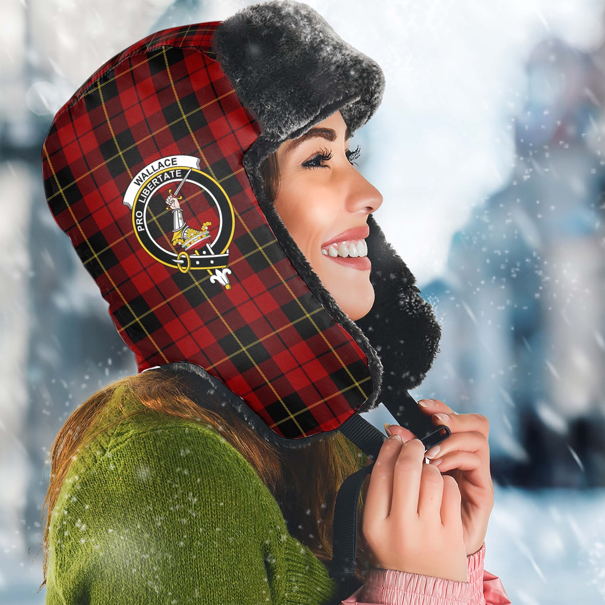 Wallace Tartan Winter Trapper Hat with Family Crest Winter Trapper Hat Universal Fit Circumference 22.8in (58cm) - Tartanvibesclothing