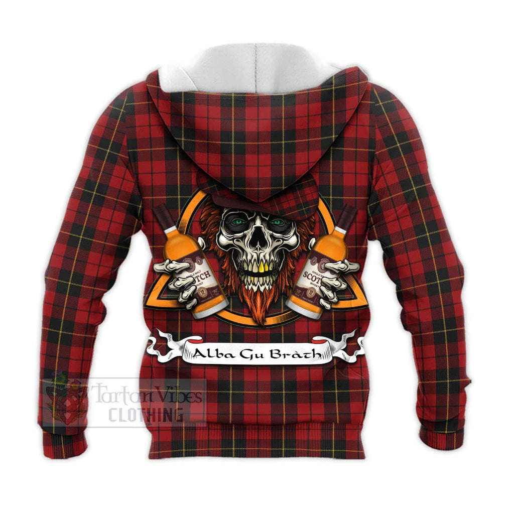 Tartan Vibes Clothing Wallace Tartan Knitted Hoodie with Family Crest and Bearded Skull Holding Bottles of Whiskey