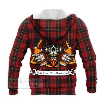 Wallace Tartan Knitted Hoodie with Family Crest and Bearded Skull Holding Bottles of Whiskey