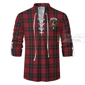 Wallace Tartan Ghillie Kilt Shirt with Family Crest and Bearded Skull Holding Bottles of Whiskey