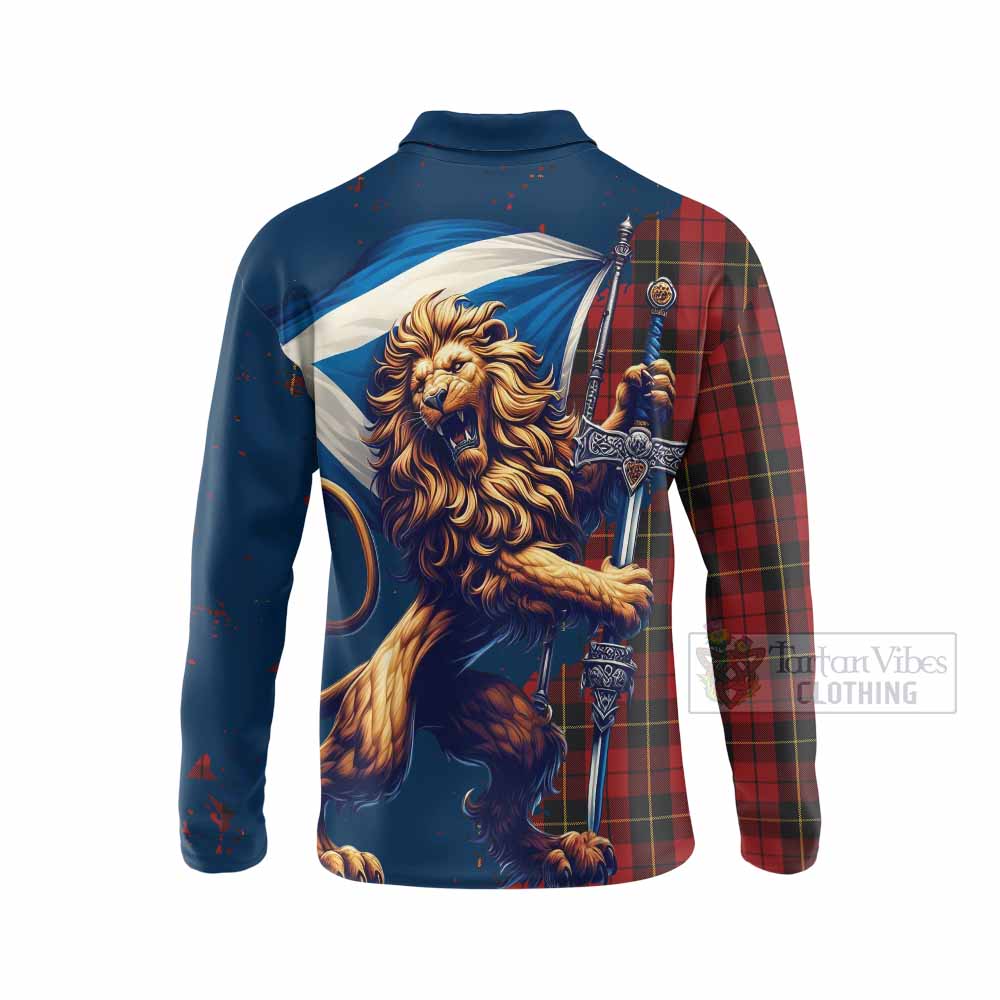 Tartan Vibes Clothing Wallace Tartan Family Crest Long Sleeve Polo Shirt with Scottish Majestic Lion