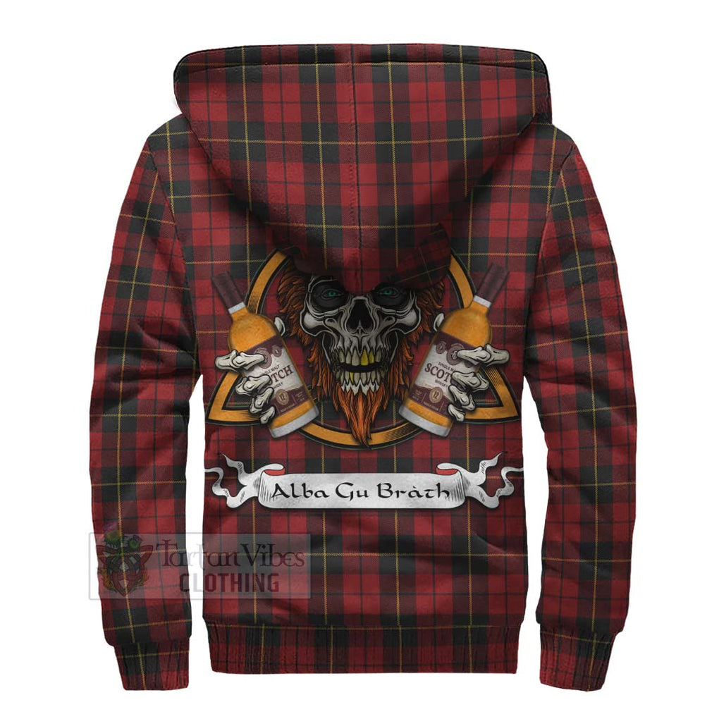 Tartan Vibes Clothing Wallace Tartan Sherpa Hoodie with Family Crest and Bearded Skull Holding Bottles of Whiskey