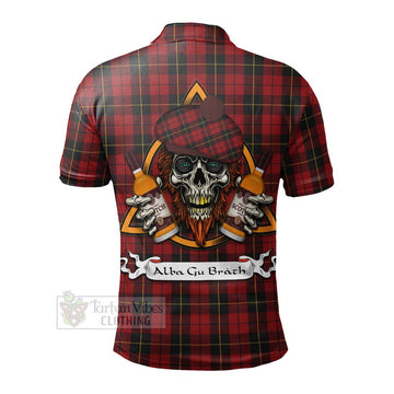 Wallace Tartan Polo Shirt with Family Crest and Bearded Skull Holding Bottles of Whiskey - Tartan Vibes Clothing