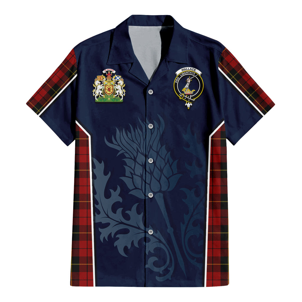 Tartan Vibes Clothing Wallace Tartan Short Sleeve Button Up Shirt with Family Crest and Scottish Thistle Vibes Sport Style