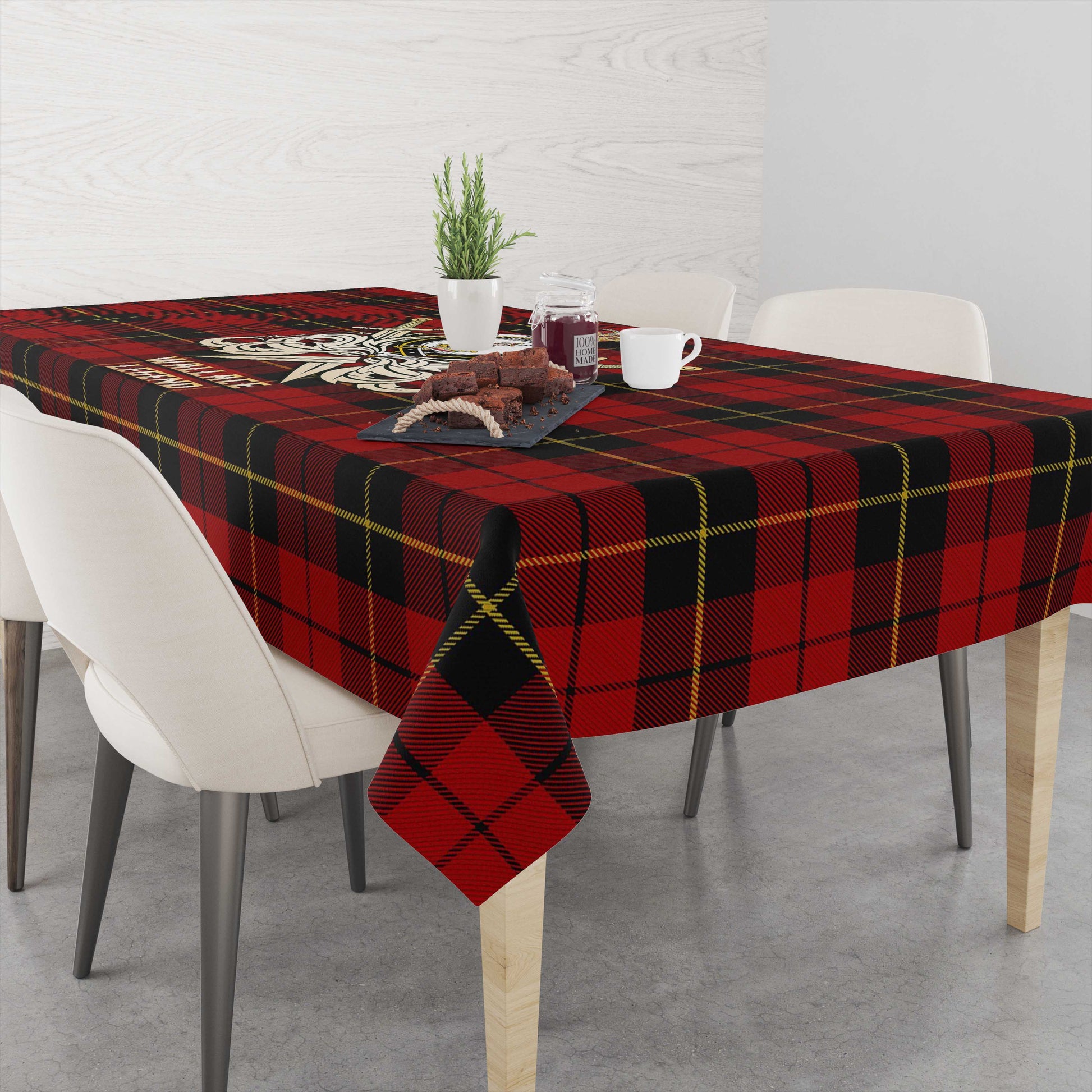 Tartan Vibes Clothing Wallace Tartan Tablecloth with Clan Crest and the Golden Sword of Courageous Legacy